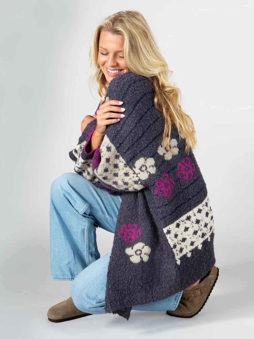 Natural Life Calla Jacquard Cardigan S/M Charcoal Floral Wool Blend boho fall